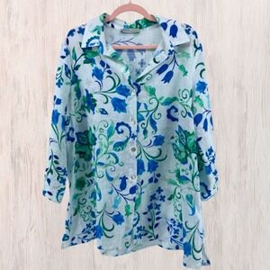 Calamassi Italy 100% Linen Blouse Women XL Sheer Blue Green Floral Cottage Beach